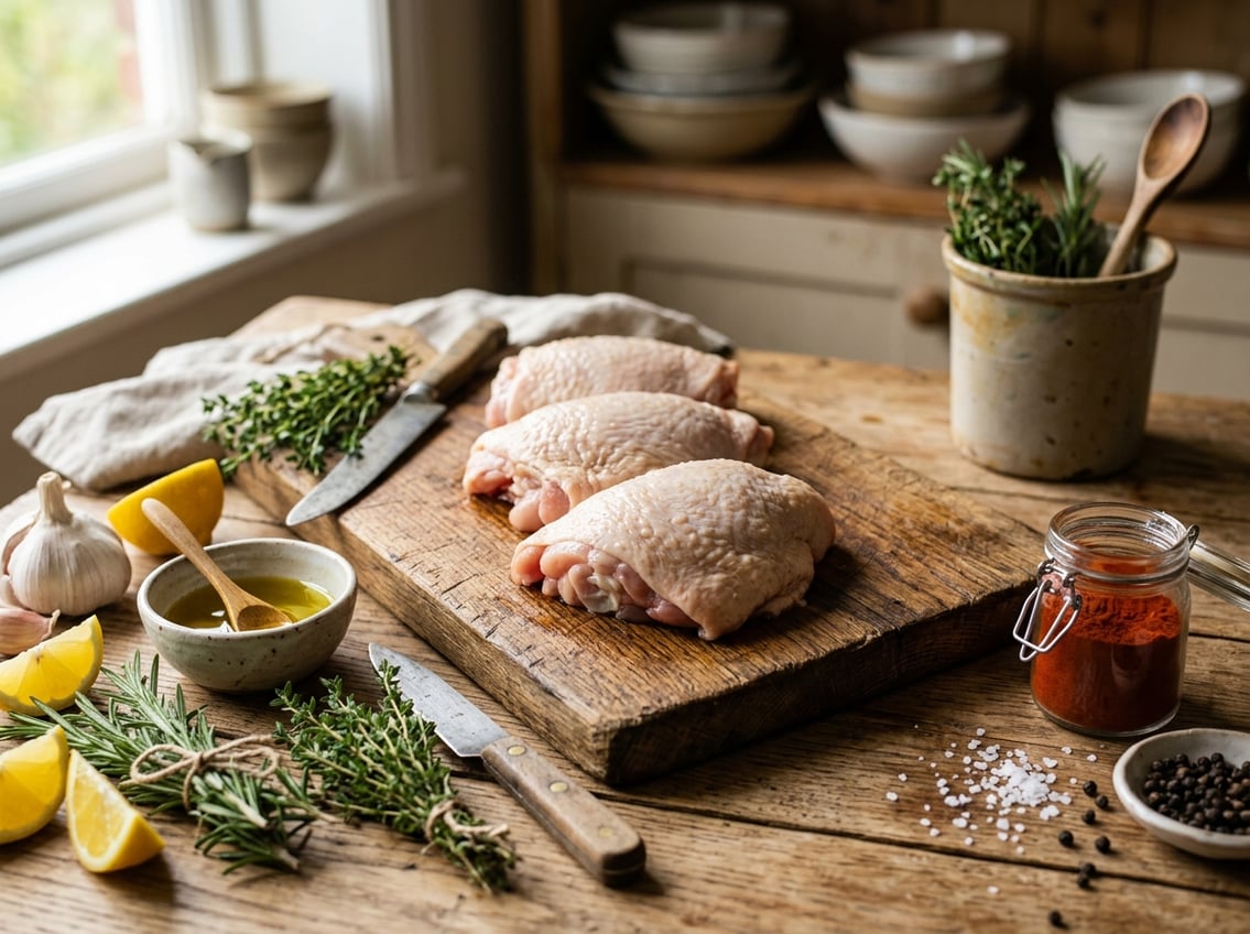 Three raw chicken thighs on a wooden cutting board surrounded by fresh herbs, garlic, lemon wedges, peppercorns, salt, and olive oil in a kitchen setting.