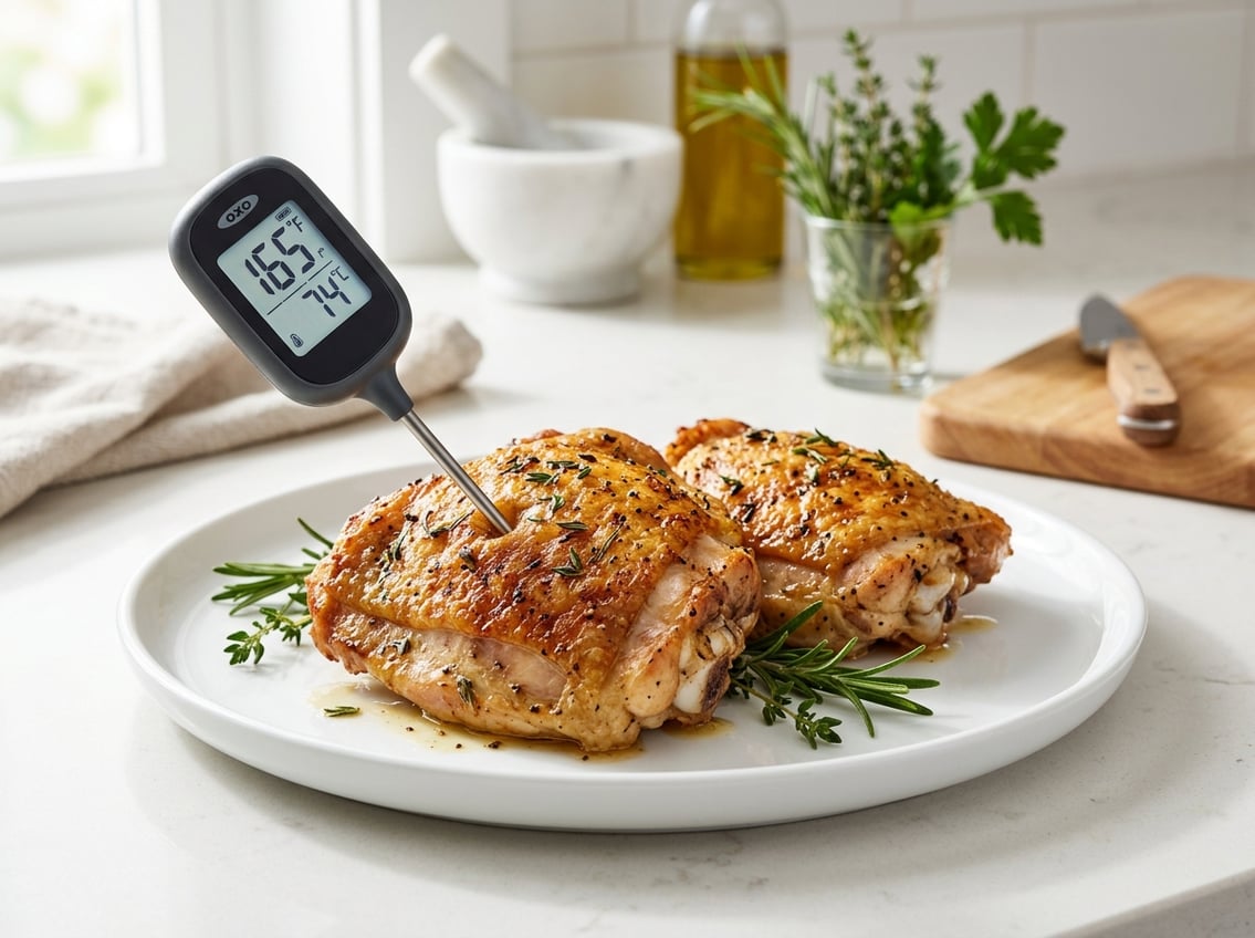 Close-up of cooked chicken thighs on a plate with a digital thermometer showing the internal temperature, placed on a kitchen countertop with herbs nearby.