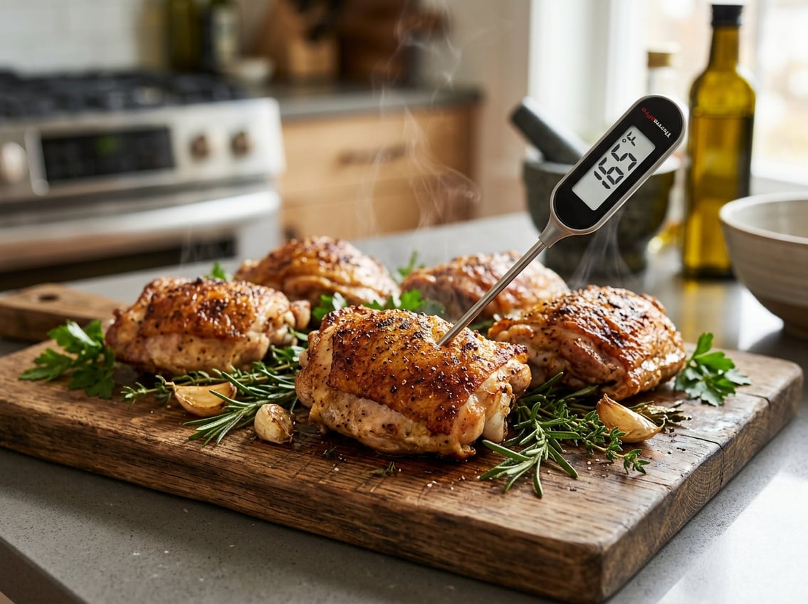 Close-up of perfectly cooked chicken thighs on a cutting board with a food thermometer inserted, surrounded by fresh herbs in a kitchen setting.