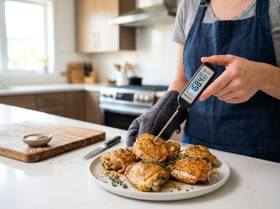 Person measuring the internal temperature of cooked chicken thighs with a digital food thermometer in a kitchen.