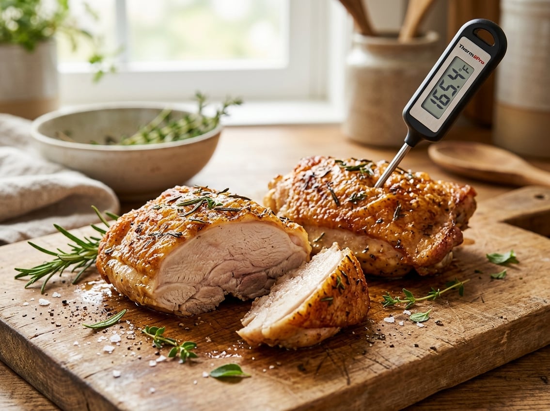 Close-up of cooked chicken thighs on a cutting board with a meat thermometer showing the temperature.