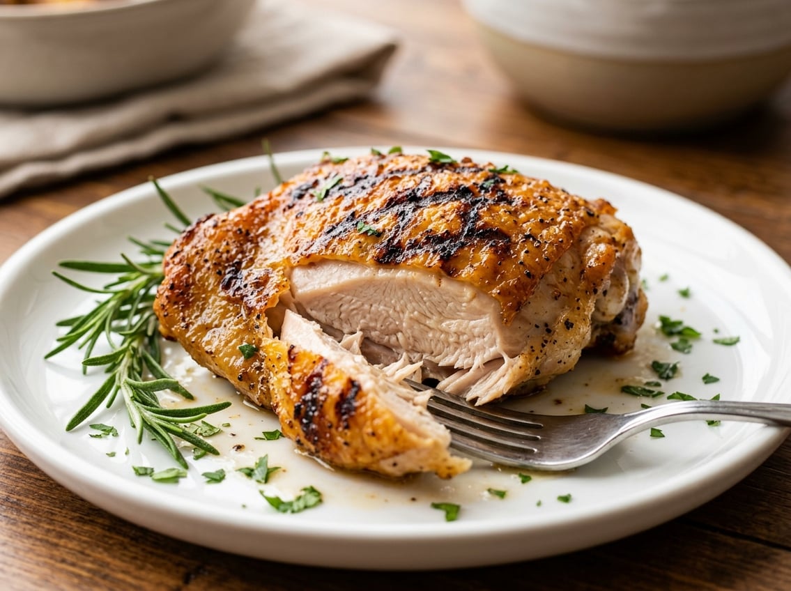 Close-up of golden-brown cooked chicken thighs on a white plate garnished with fresh herbs.