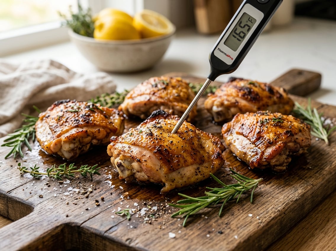 Close-up of cooked chicken thighs with a meat thermometer showing the temperature on a wooden cutting board.