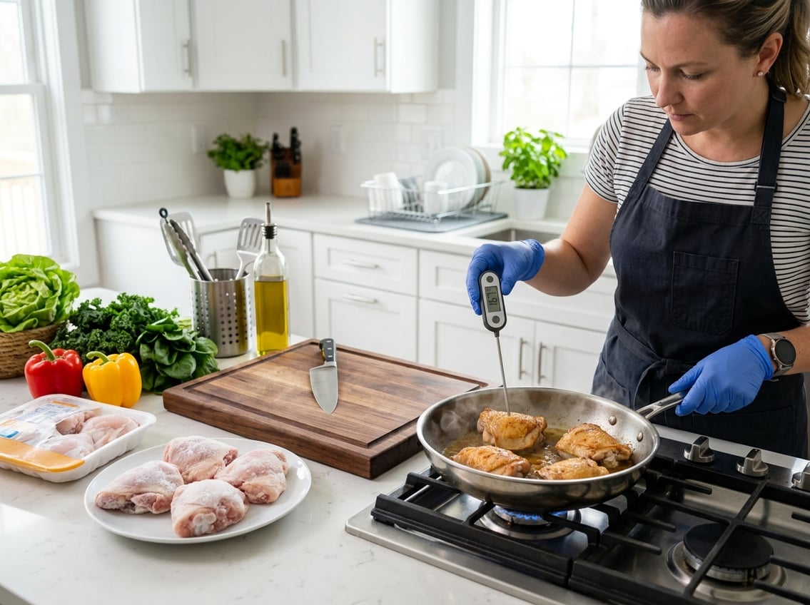 A person checking the temperature of cooked chicken thighs in a skillet in a clean kitchen with frozen chicken thighs on a plate nearby.
