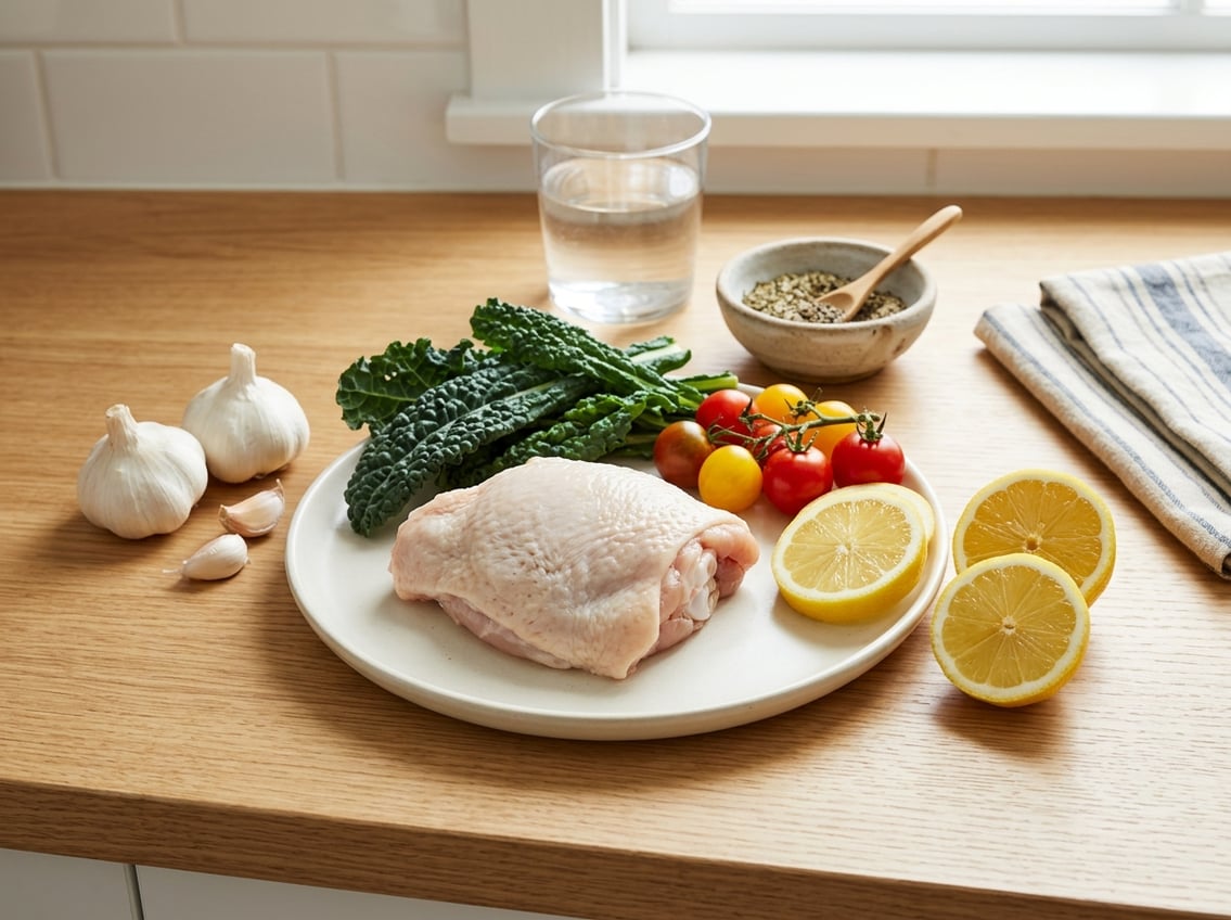 A fresh raw chicken thigh on a white plate surrounded by fresh vegetables and ingredients on a kitchen countertop.