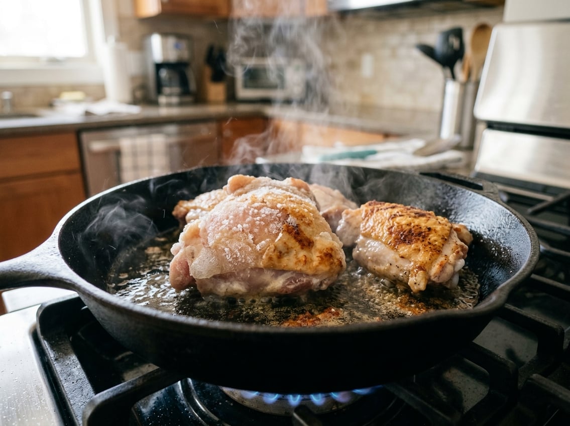 Close-up of frozen chicken thighs cooking in a skillet with steam rising, showing changes in texture and color.