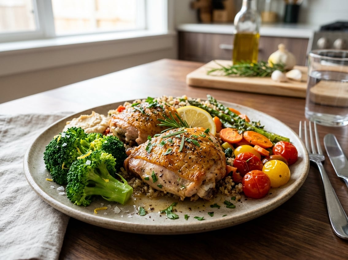 A plated meal with cooked chicken thighs garnished with fresh herbs and served with colorful vegetables on a dining table.