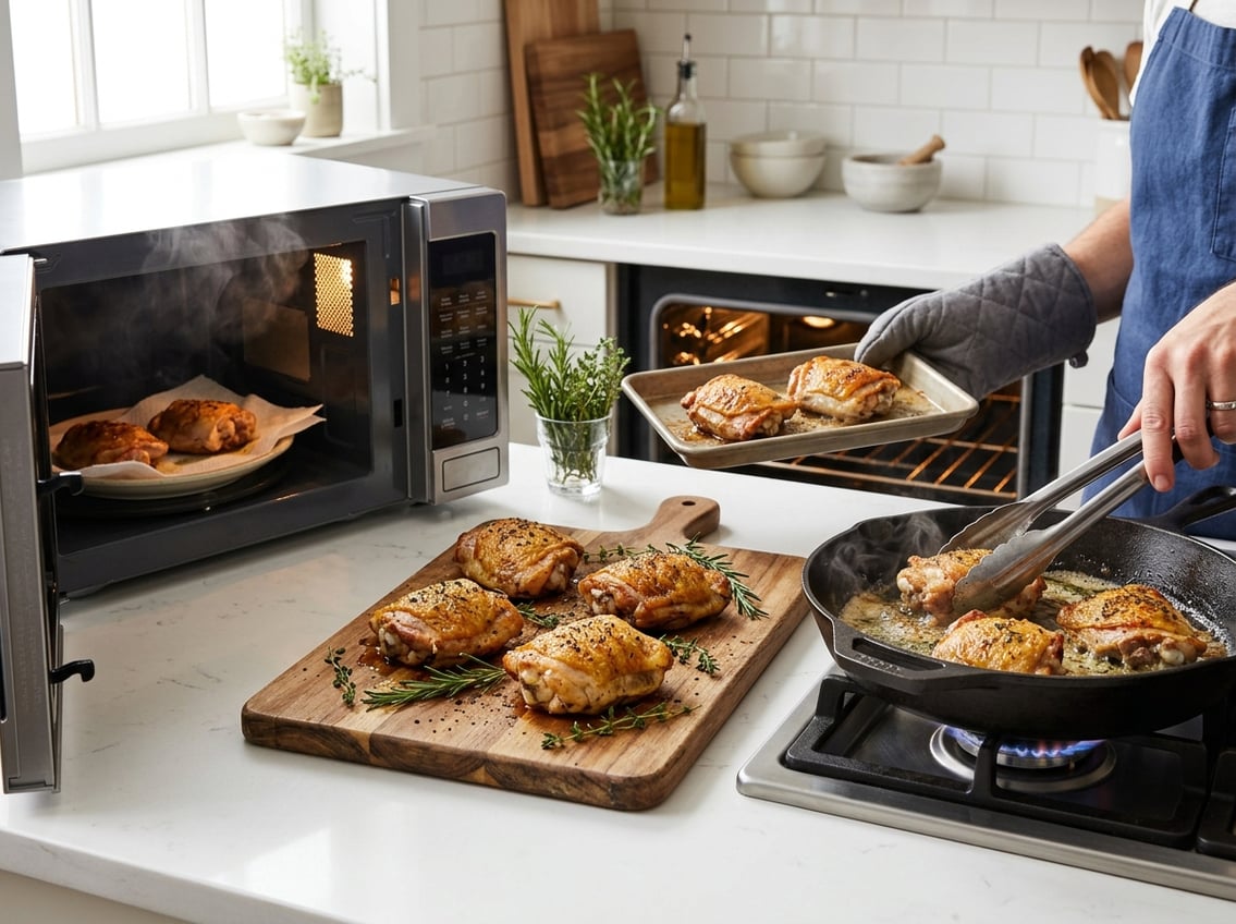 Close-up of golden-brown chicken thighs on a kitchen countertop surrounded by a microwave, oven, and stovetop pan with fresh herbs nearby.