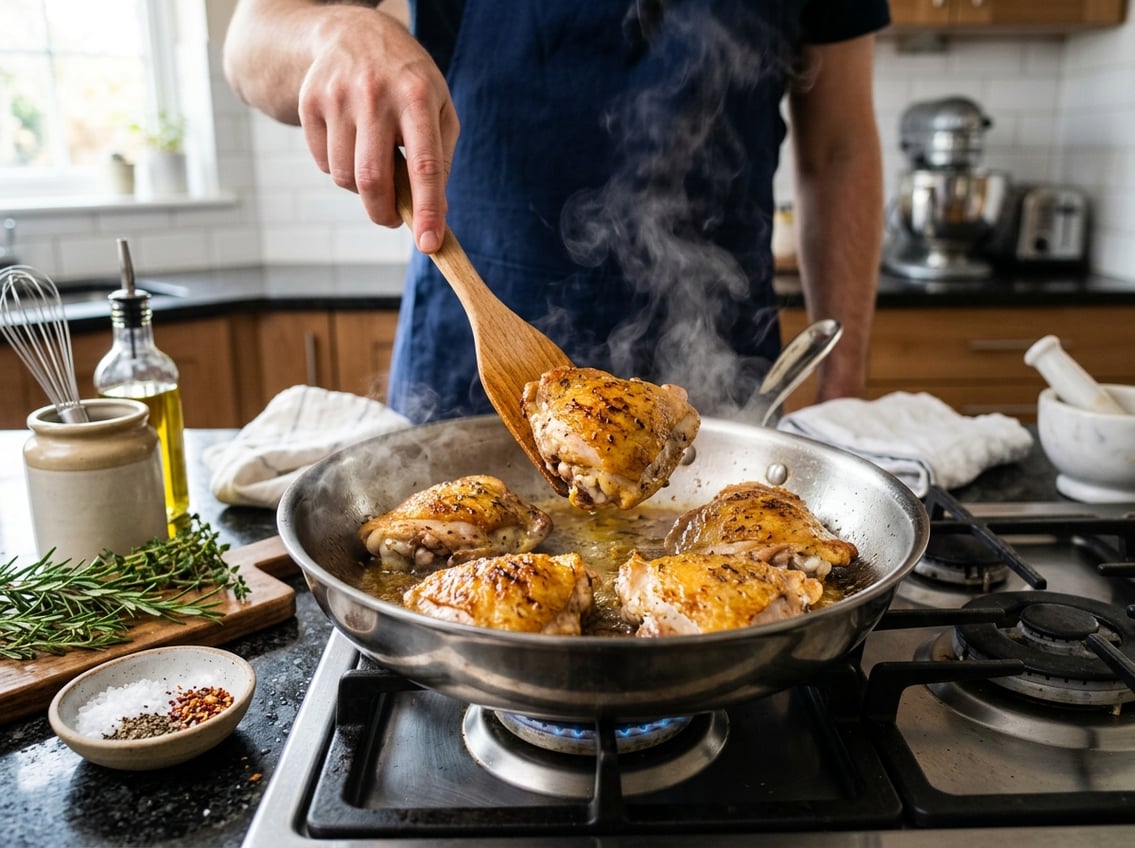 Close-up of chicken thighs being reheated in a pan on a stovetop with fresh herbs and kitchen tools nearby.
