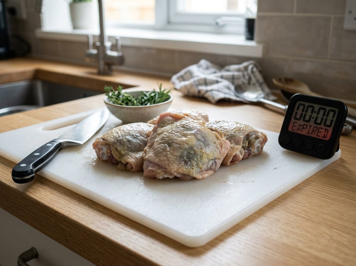 Close-up of raw chicken thighs on a cutting board showing signs of spoilage in a kitchen setting.