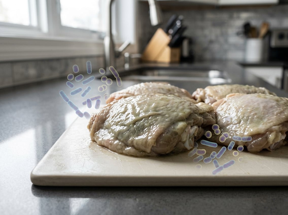 Close-up of raw chicken thighs showing signs of spoilage on a kitchen countertop with subtle bacteria illustrations around them.