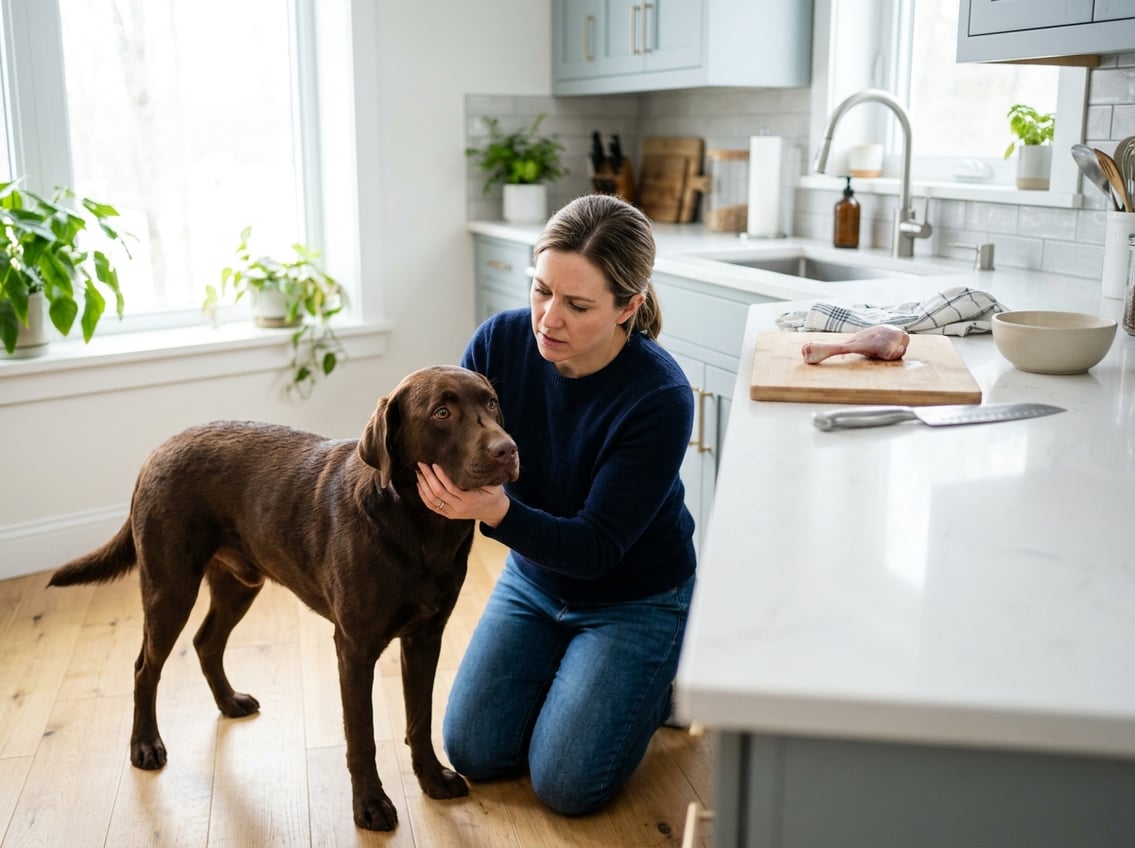 A person in a kitchen gently examining their concerned dog near a chicken thigh bone on the counter.