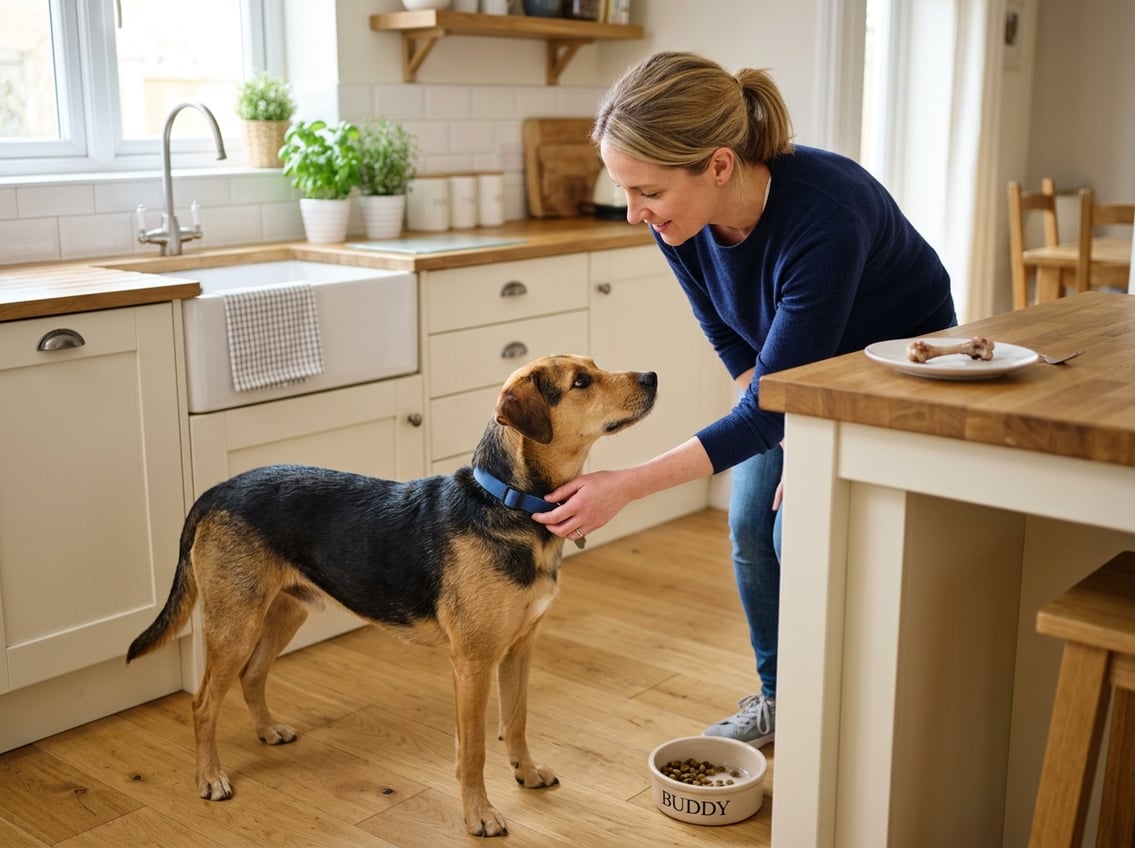 A person gently holding a medium-sized dog in a kitchen with a cooked chicken thigh bone on the counter nearby.