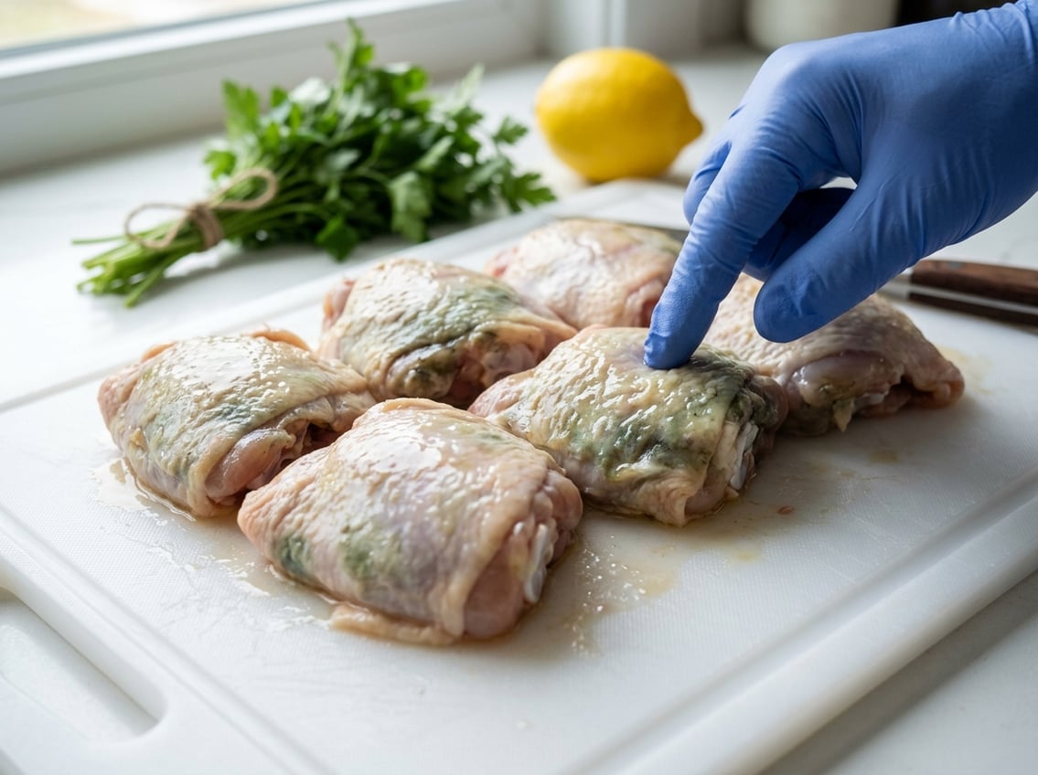 Close-up of raw chicken thighs showing discoloration and slimy texture on a cutting board with a gloved hand inspecting them.