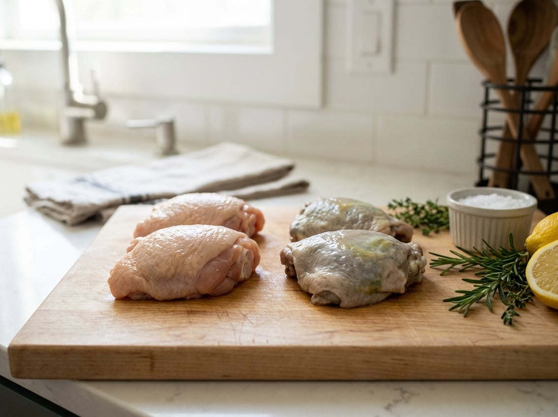 Fresh and spoiled chicken thighs side by side on a wooden cutting board in a kitchen setting.