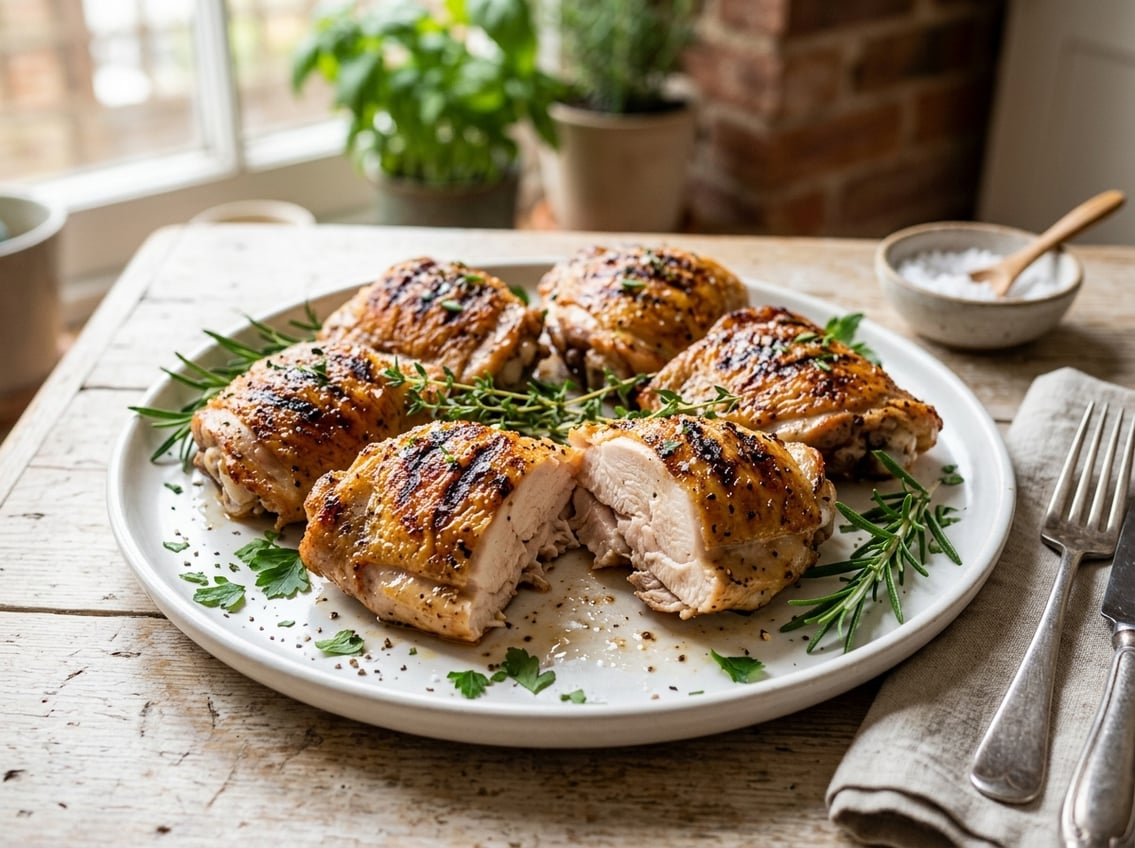 Plate with several golden-brown cooked chicken thighs garnished with fresh herbs.