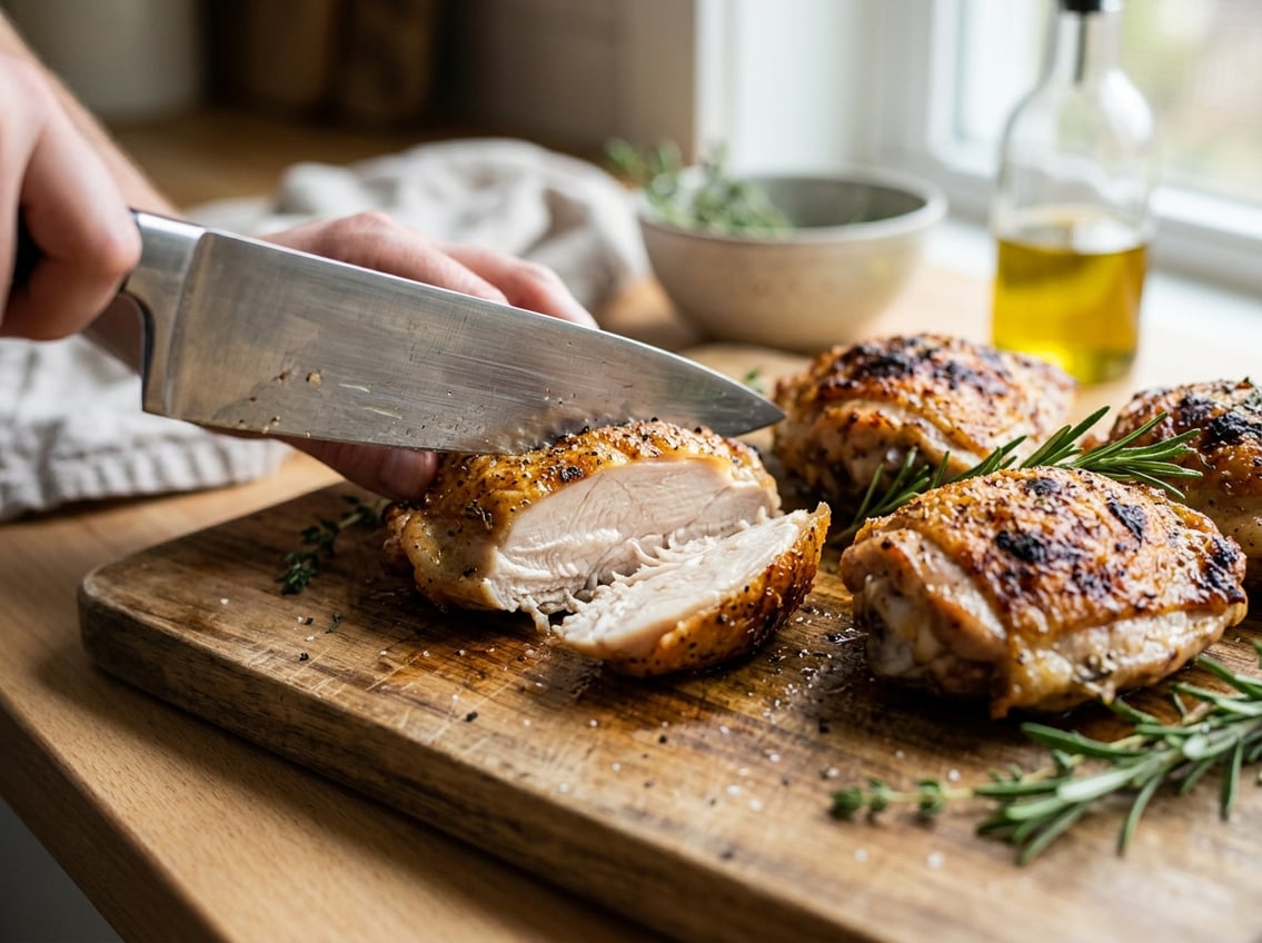 Close-up of cooked chicken thighs being sliced on a wooden cutting board in a kitchen.