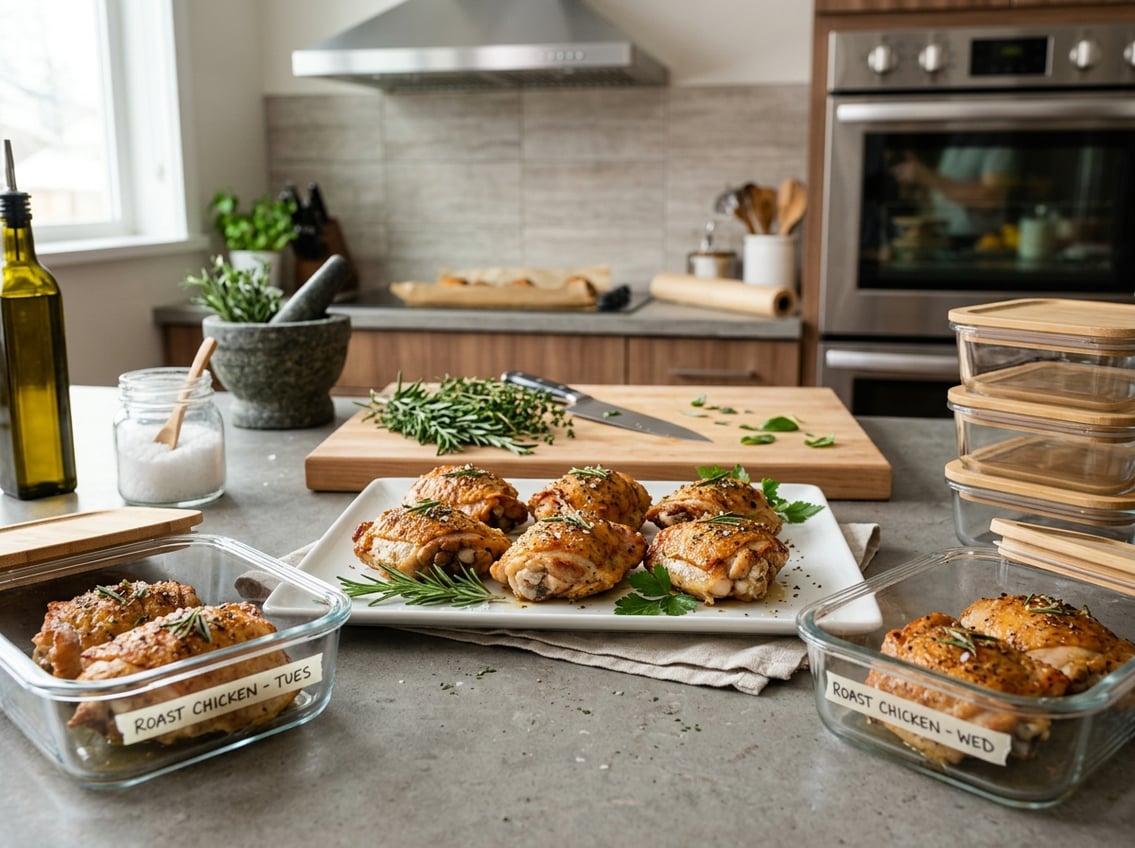 Cooked chicken thighs on a plate with meal prep containers on a kitchen countertop.