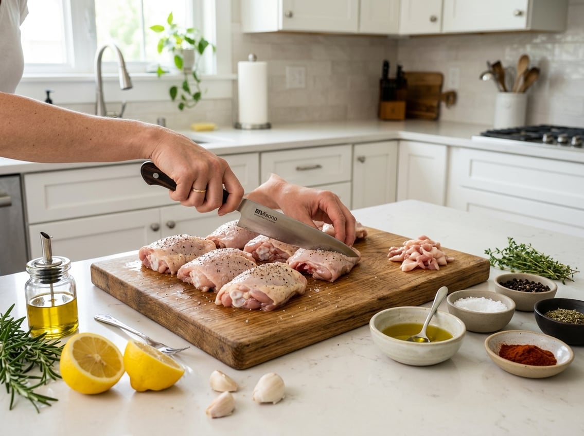 Hands preparing raw chicken thighs on a cutting board with spices and fresh ingredients on a kitchen countertop.
