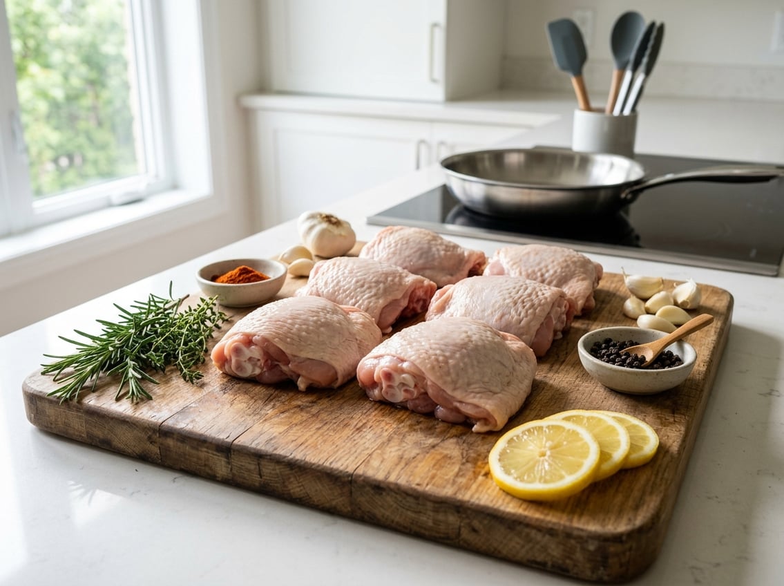 Close-up of raw chicken thighs on a cutting board surrounded by herbs, spices, and lemon slices in a kitchen setting.