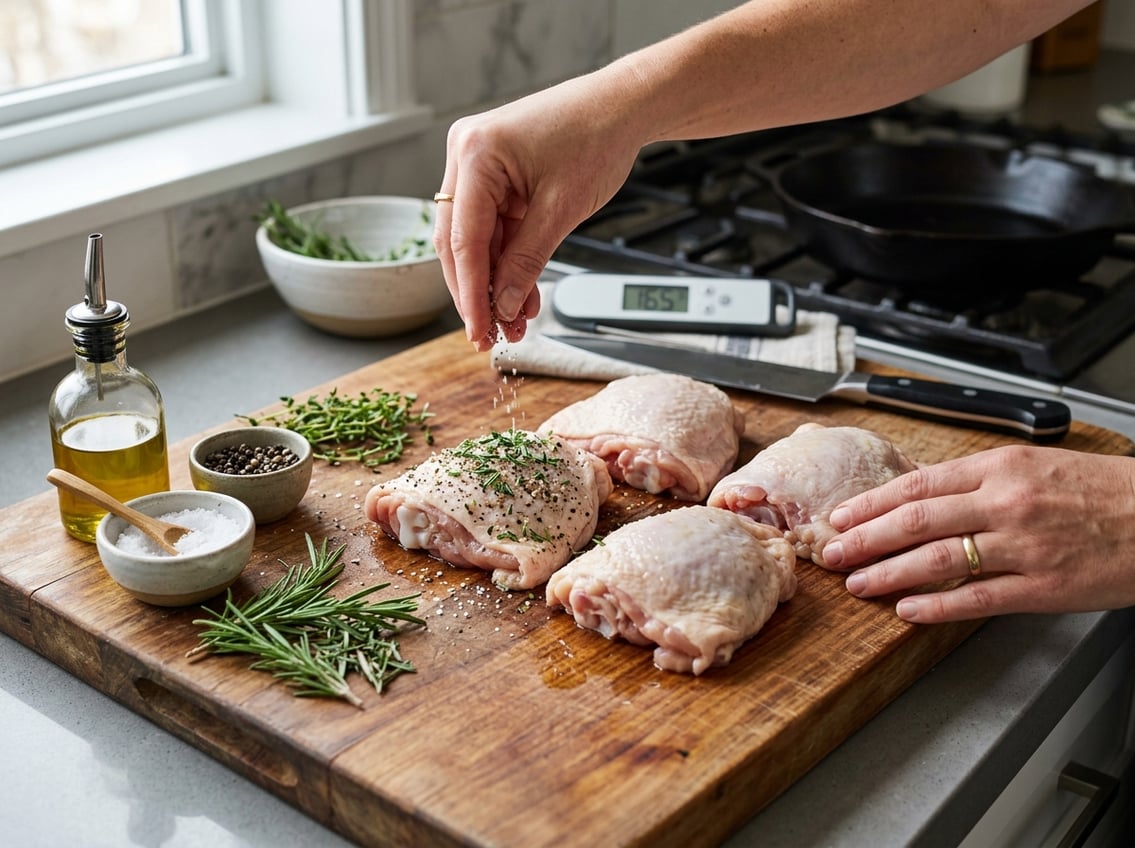 Hands seasoning raw chicken thighs with herbs and spices on a wooden cutting board in a kitchen.