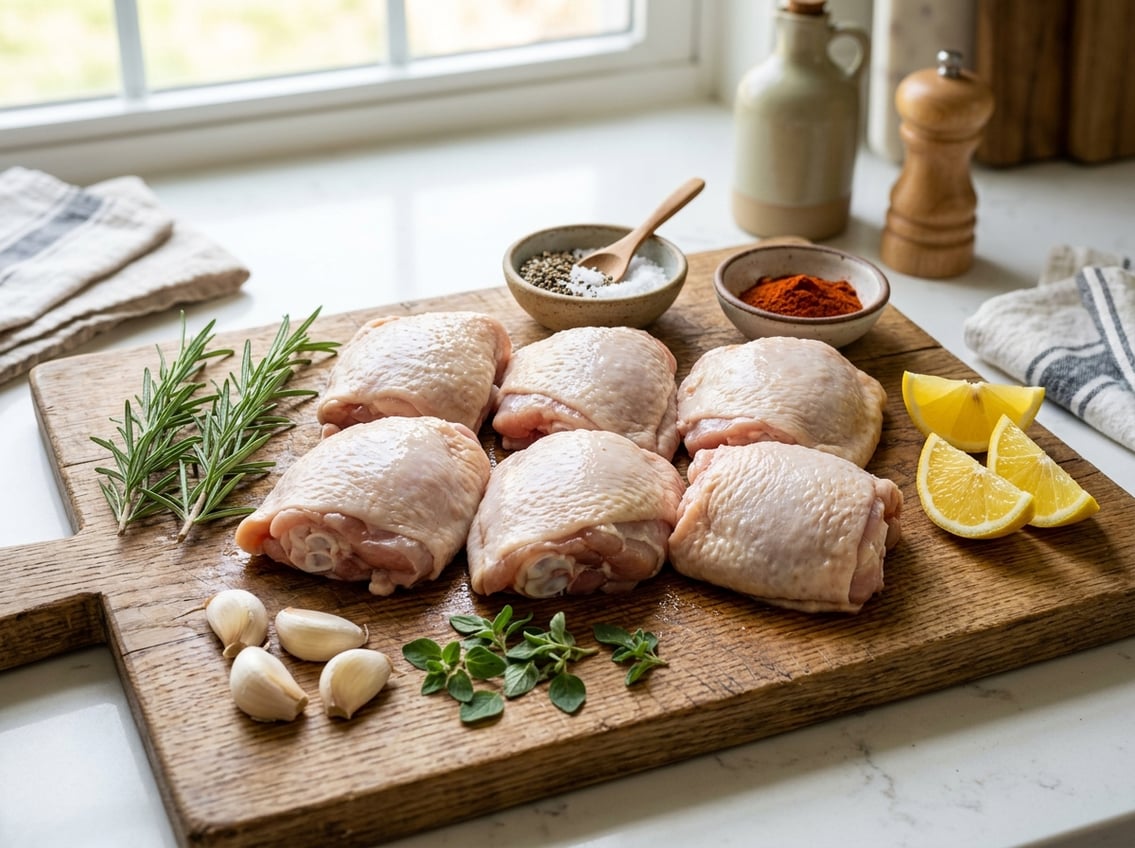 Close-up of raw chicken thighs on a wooden cutting board with fresh herbs, garlic, lemon wedges, and spices on a kitchen countertop.