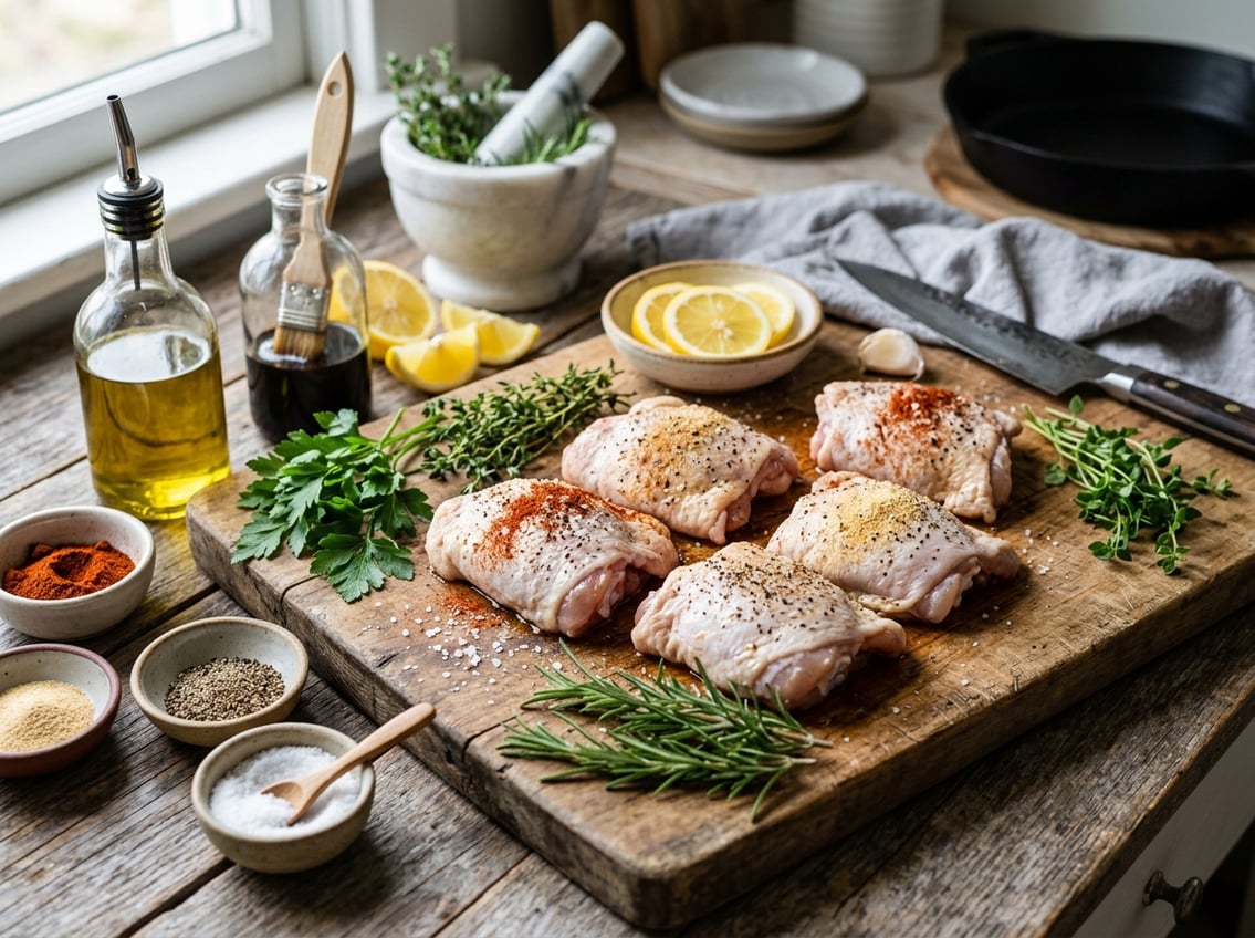 Raw chicken thighs on a wooden cutting board surrounded by fresh herbs, spices, and marinade ingredients in a kitchen setting.