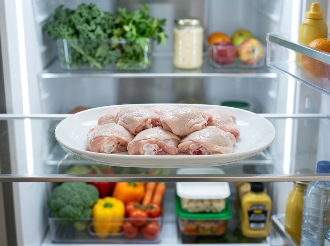 Thawed chicken thighs on a white plate inside a clean, organized refrigerator.