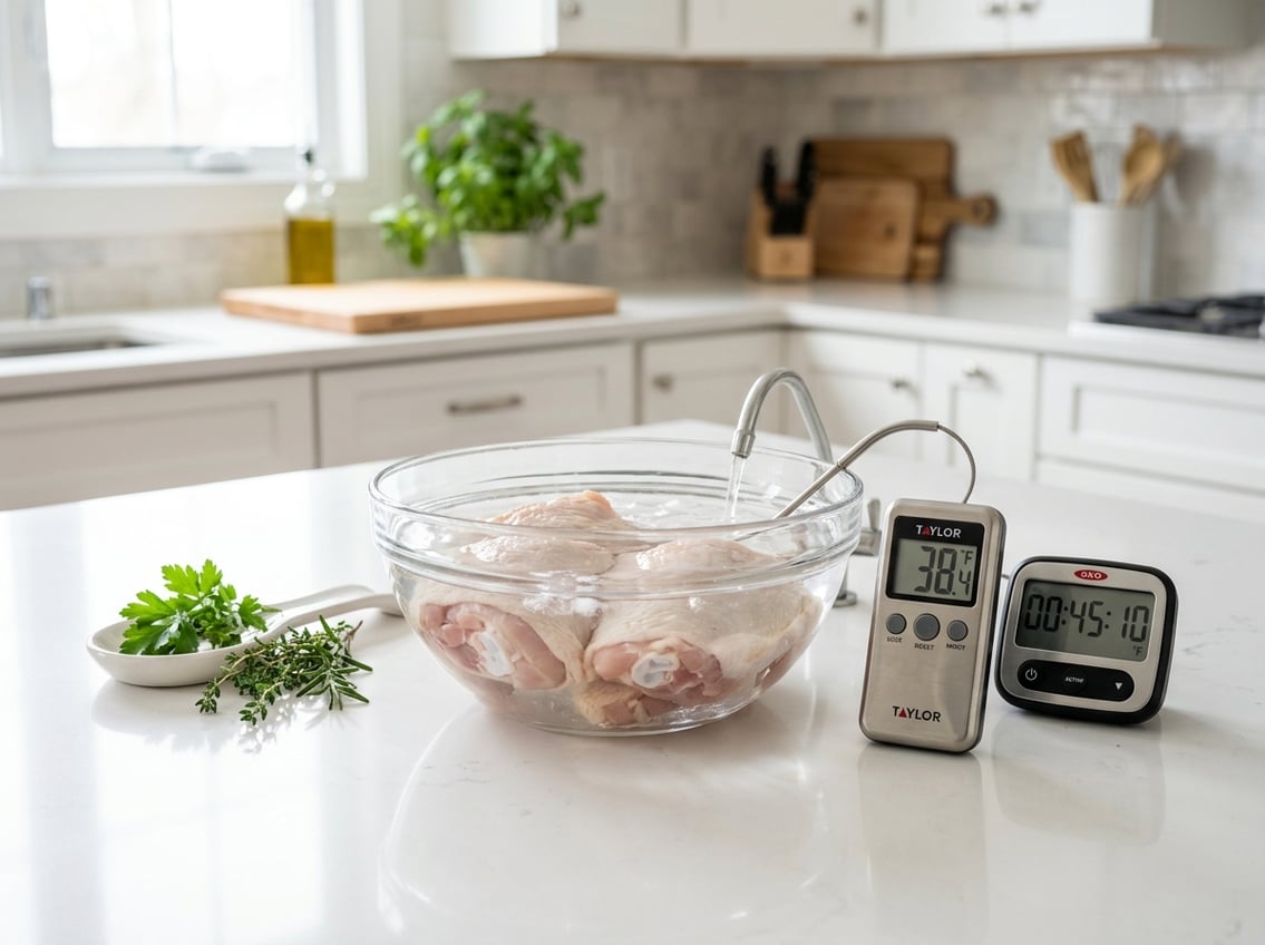 Raw chicken thighs in a glass bowl of cold water on a kitchen countertop with a timer and thermometer nearby.
