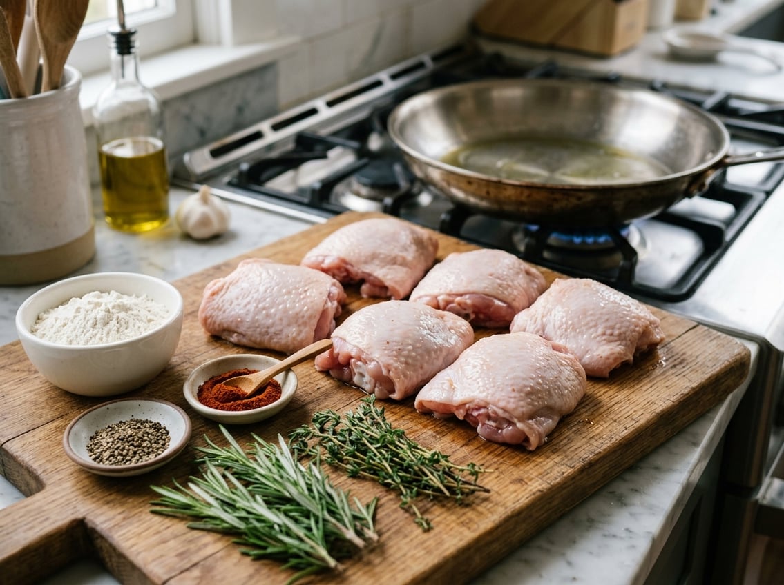 Close-up of raw chicken thighs on a cutting board with spices and a frying pan on a stovetop in the background.