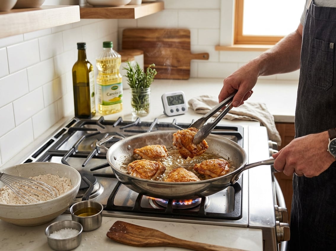 A frying pan on a stove with chicken thighs cooking, surrounded by cooking tools and fresh herbs on a kitchen countertop.