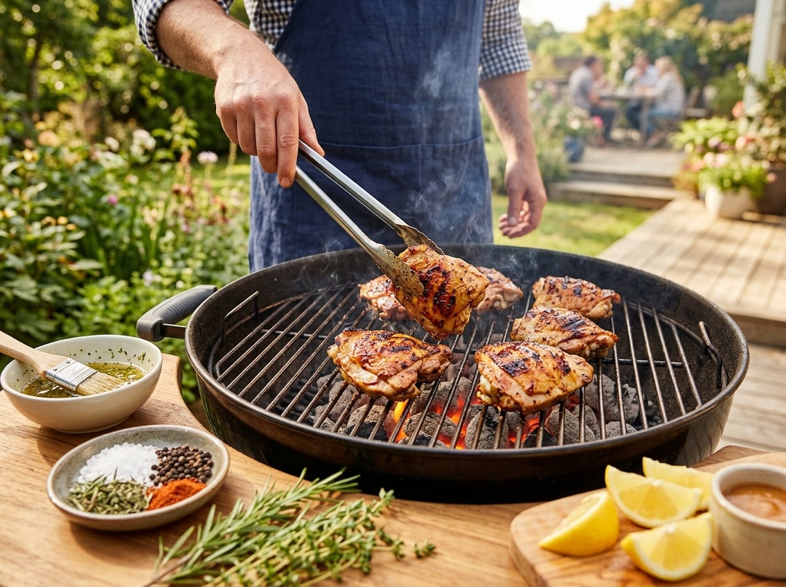 Close-up of chicken thighs grilling on a barbecue with a person turning them using tongs, surrounded by fresh ingredients outdoors.