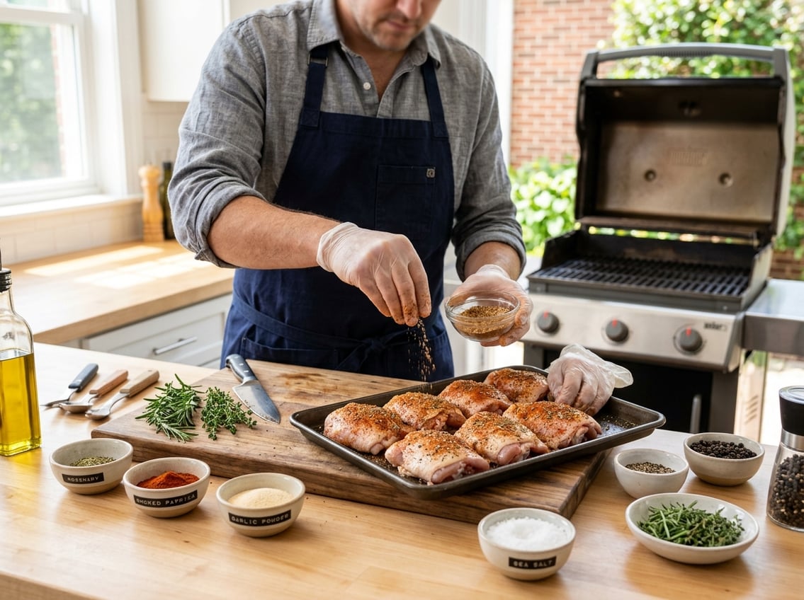 Hands seasoning raw chicken thighs with herbs and spices on a kitchen countertop, with bowls of seasonings and fresh herbs nearby.