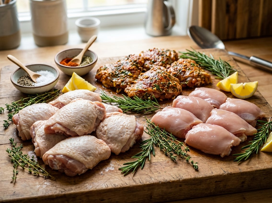A variety of fresh chicken thighs displayed on a wooden surface with herbs, lemon wedges, and spices around them.