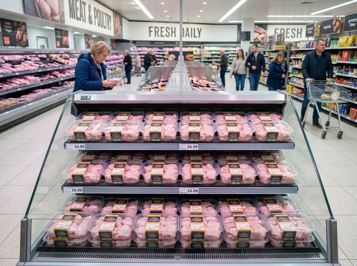 A supermarket meat section with fresh chicken thighs displayed on refrigerated shelves and shoppers browsing nearby.