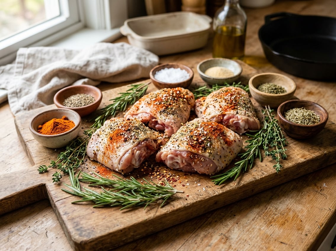 Raw chicken thighs on a wooden cutting board surrounded by small bowls of spices and fresh herbs.