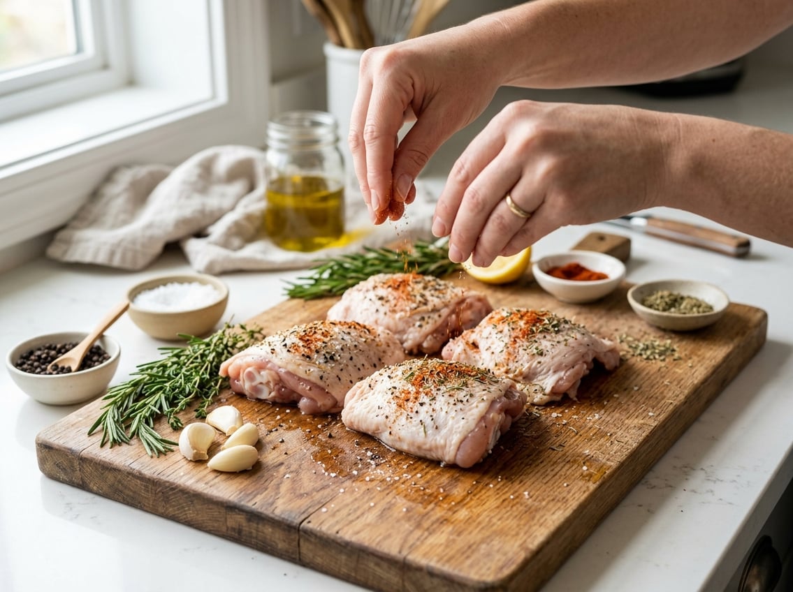 Hands seasoning raw chicken thighs with herbs and spices on a wooden cutting board in a kitchen.