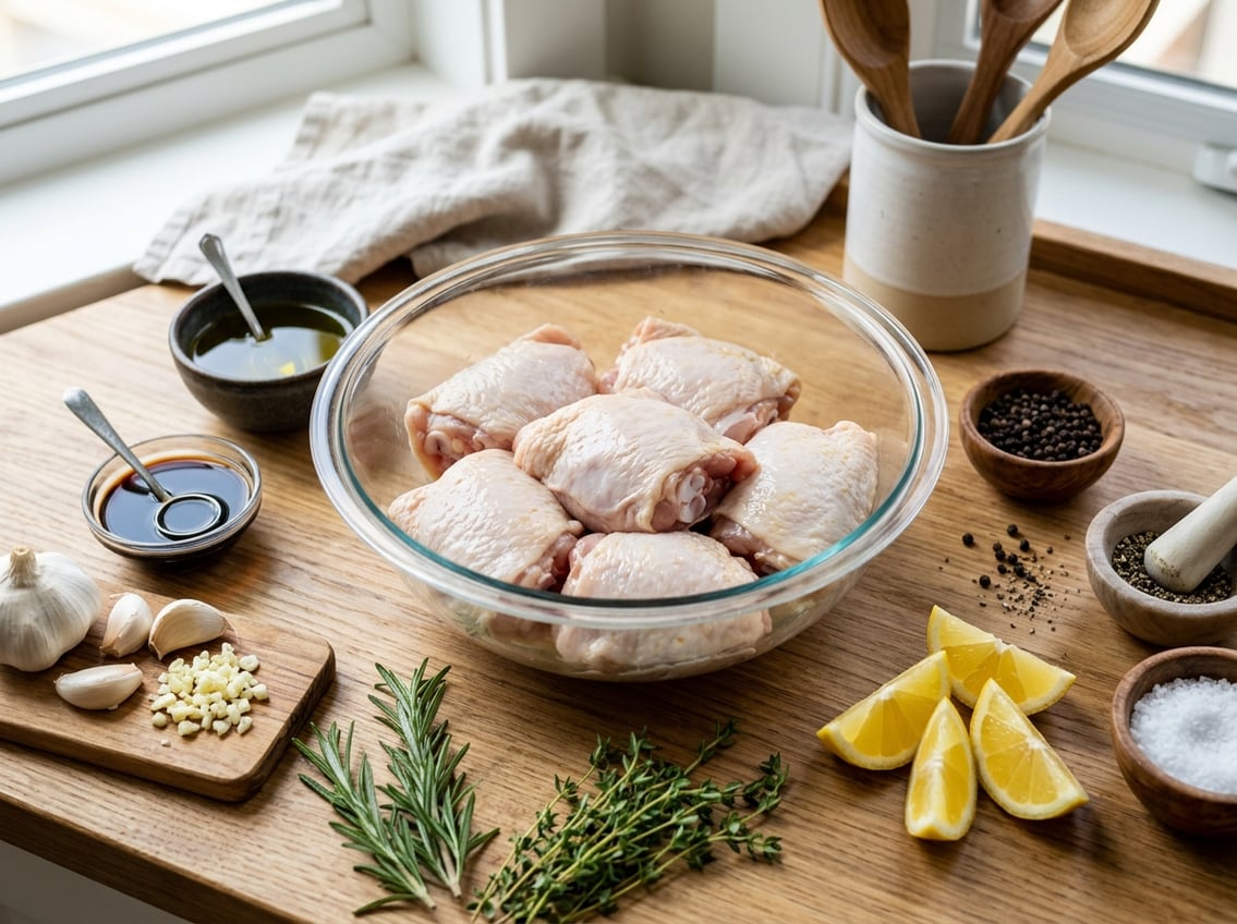 Raw chicken thighs in a glass bowl surrounded by fresh garlic, herbs, lemon wedges, peppercorns, olive oil, and soy sauce on a kitchen countertop.