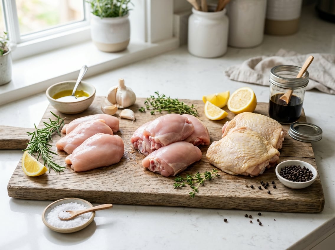 Three types of raw chicken thighs on a wooden cutting board surrounded by fresh herbs, garlic, lemon wedges, and small bowls of marinade ingredients on a kitchen countertop.
