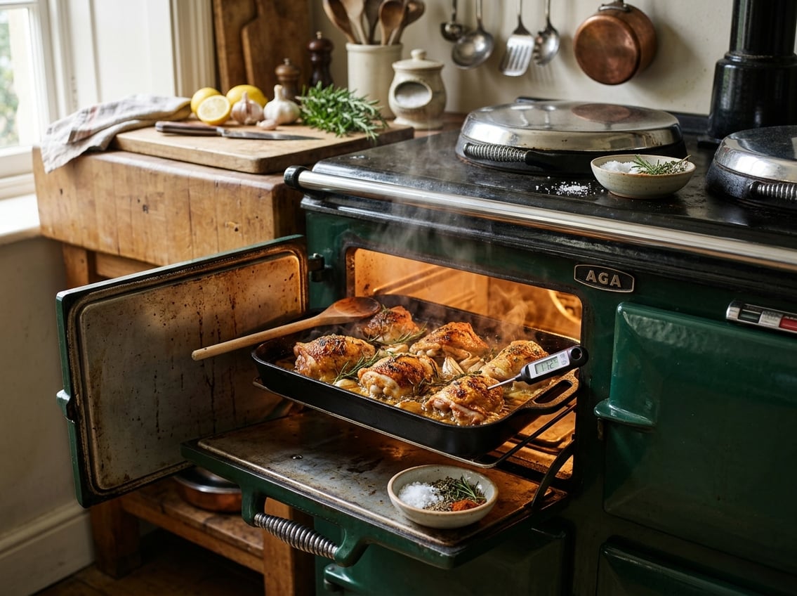 Close-up of chicken thighs roasting inside an open Aga oven in a rustic kitchen with cooking utensils and fresh ingredients nearby.