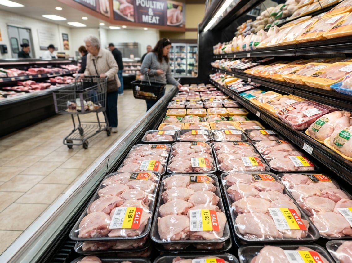 Fresh chicken thighs displayed in trays at a local grocery store meat section with shoppers in the background.