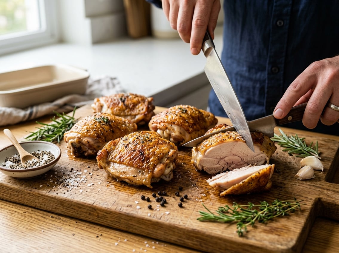 Close-up of perfectly cooked chicken thighs being sliced on a wooden cutting board with fresh herbs nearby.