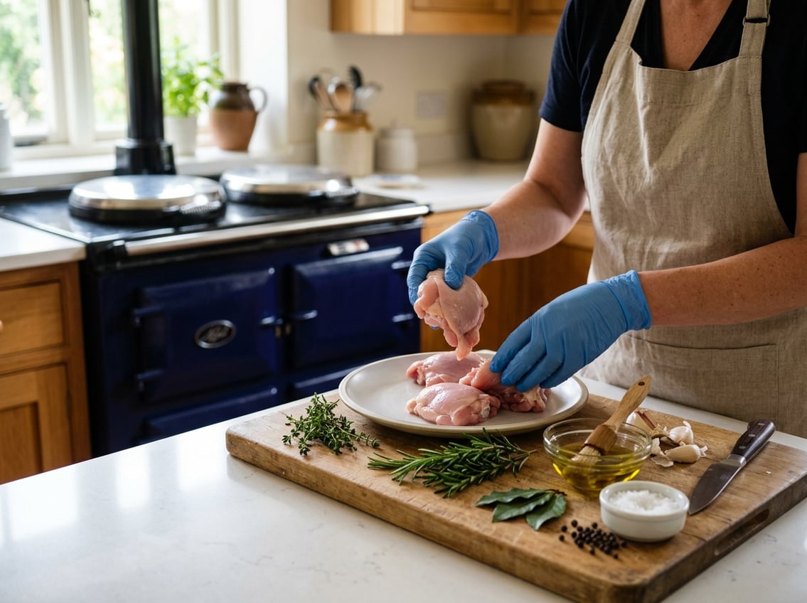 Hands preparing raw chicken thighs on a kitchen countertop with herbs and garlic, with an Aga cooker in the background.
