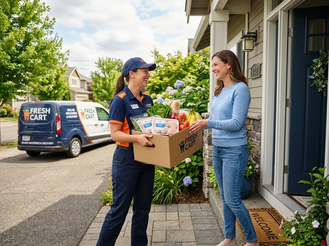 A delivery person handing a box of fresh groceries, including chicken thighs, to a customer at their home entrance.