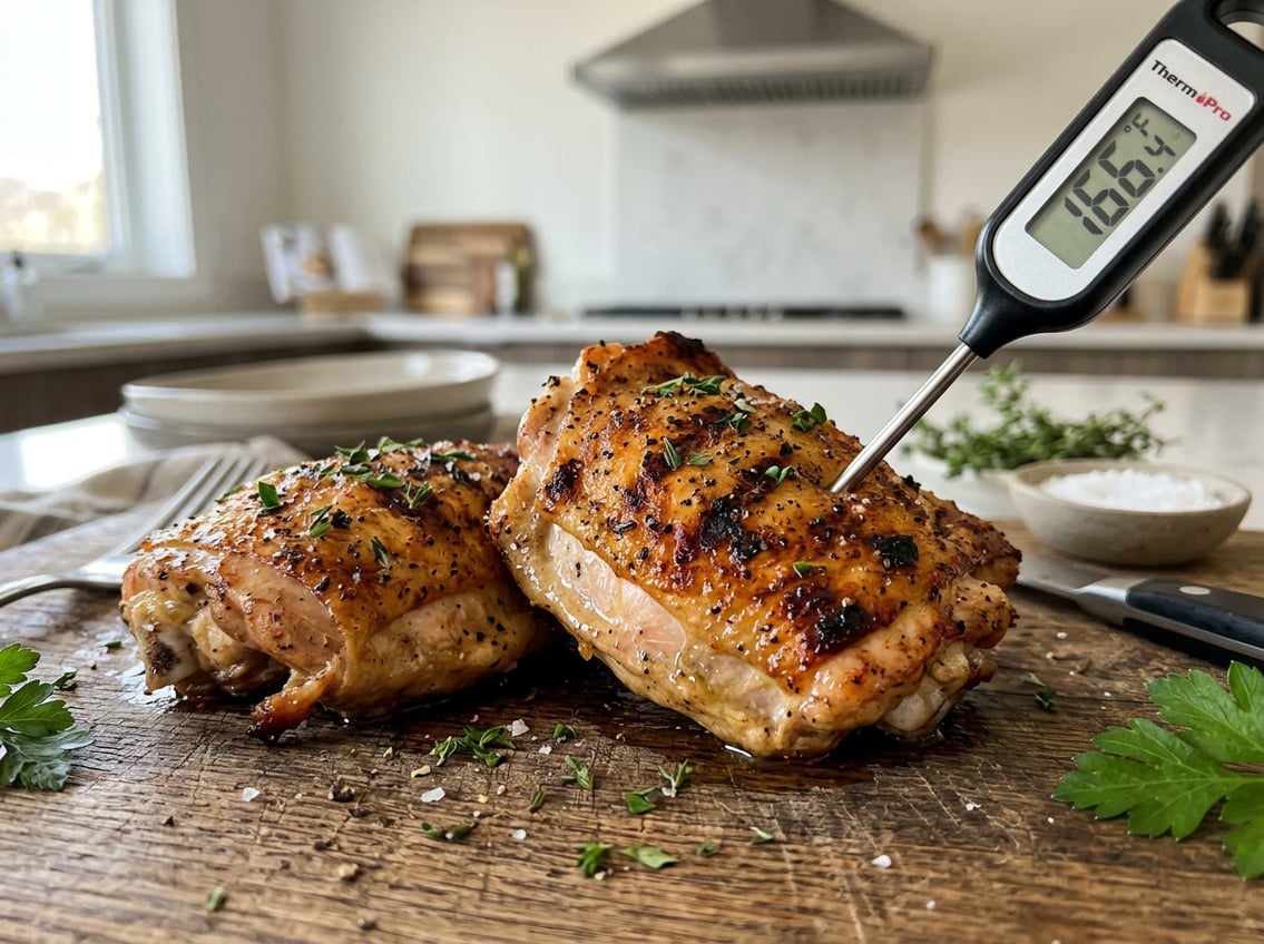 Close-up of cooked chicken thighs with a digital meat thermometer inserted, on a wooden cutting board in a kitchen.