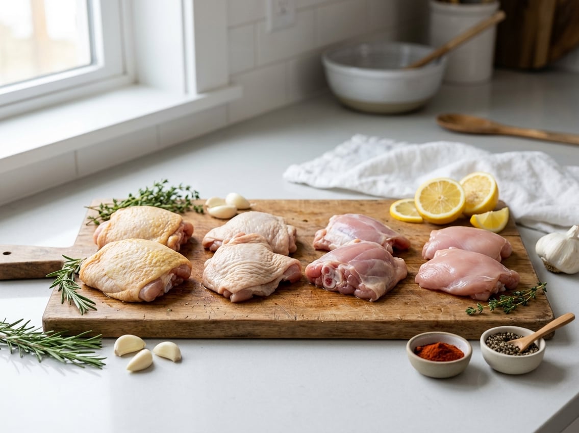 Close-up of different types of raw chicken thighs on a wooden cutting board with herbs, garlic, lemon slices, and spices on a kitchen countertop.