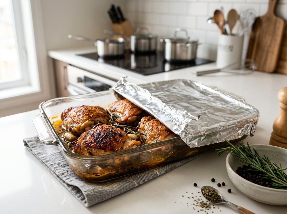 Close-up of a baking dish with cooked chicken thighs, partially covered with foil, on a kitchen countertop with herbs nearby.