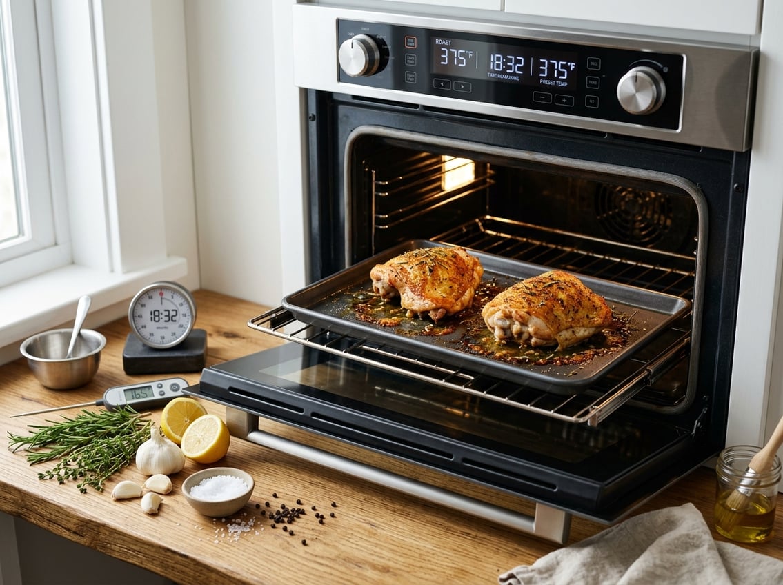 Close-up of chicken thighs roasting in an oven with fresh herbs and cooking utensils on a kitchen countertop.