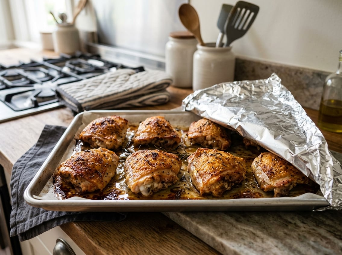 Baking tray with golden crispy chicken thighs, some uncovered and some partially covered with foil, on a kitchen countertop.