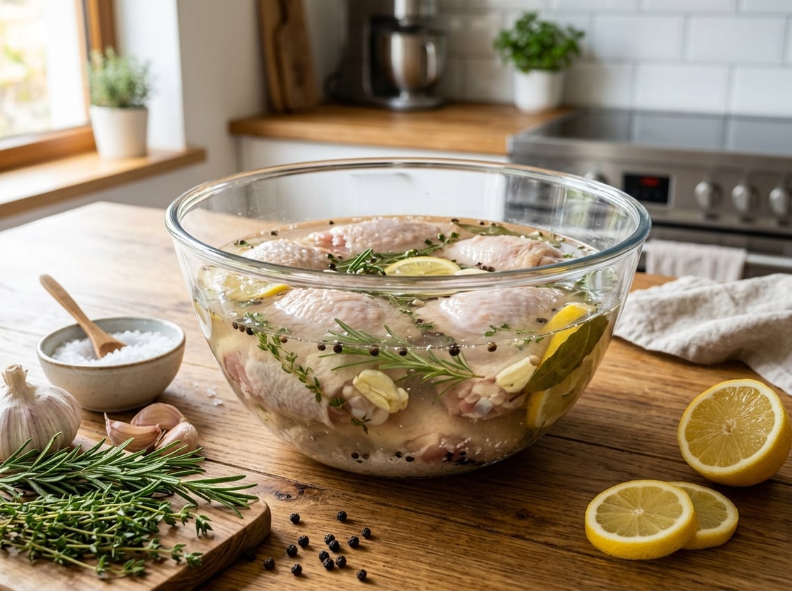 A bowl of raw chicken thighs submerged in a brine solution with fresh herbs and spices on a kitchen countertop.